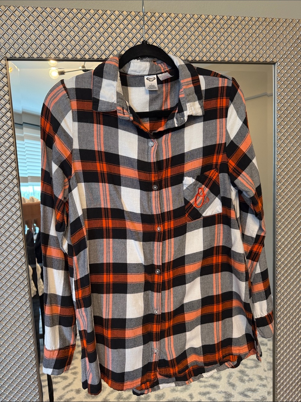 Orange Black White Plaid Button-Up Shirt